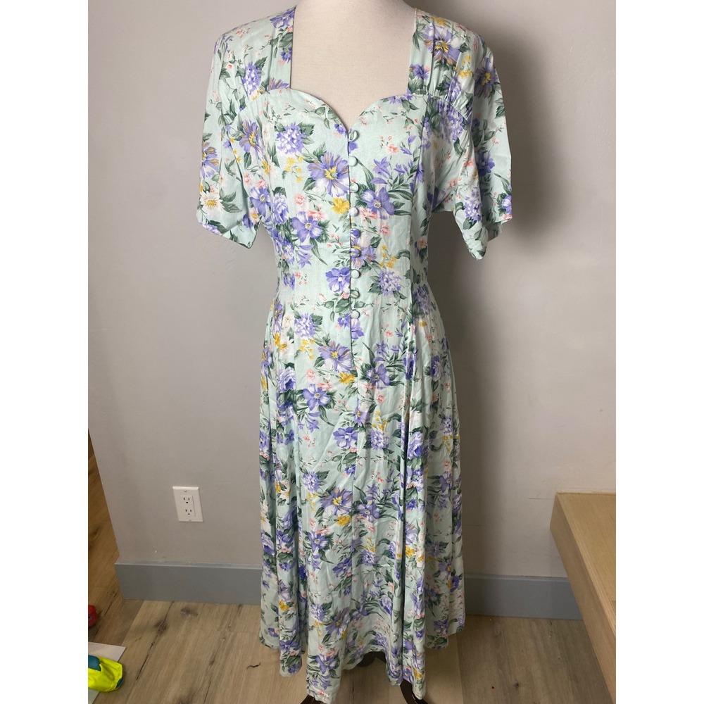 Ellen Ashley Vintage 90s Floral Maxi Dress Mint Green Cottagecore Rayon 12 Boho